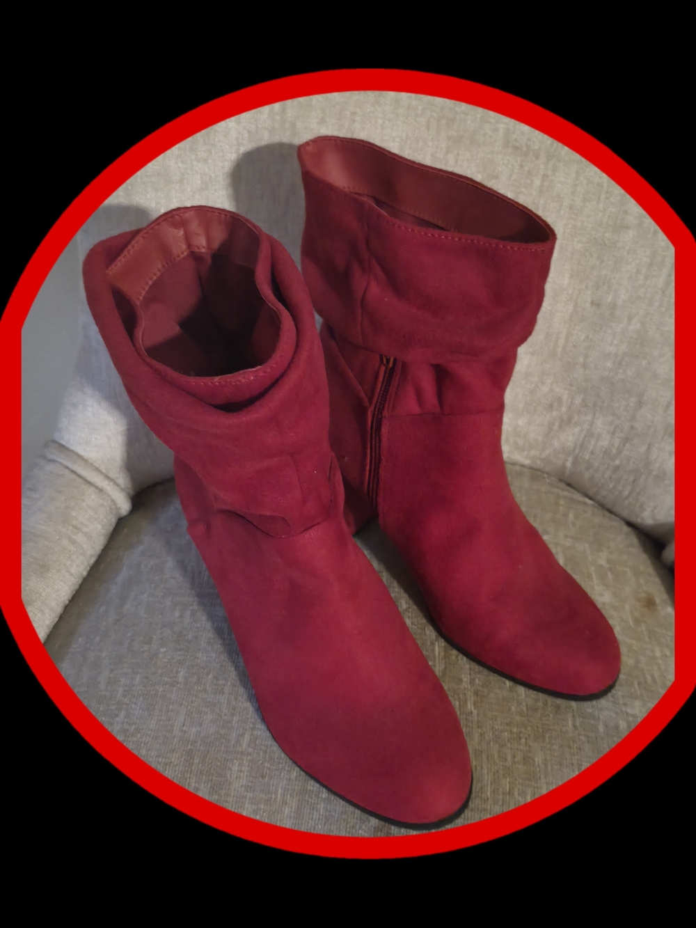 Material Girl 'Midory Red Microsuede Slouchy Ankle Booties w/Block Heel & Zip